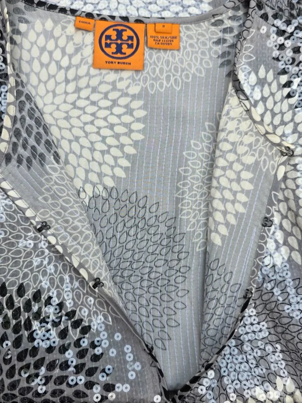 Tory Burch Wendy Silk Sequin Tunic Dress Top Gray Silver Size 8 Party Cocktail
